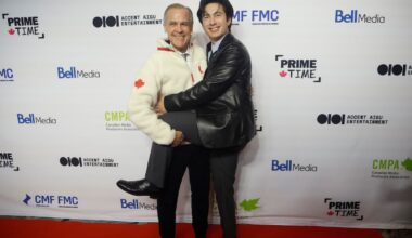 Heated Rivalry’s Hudson Williams and Mark Carney share a fleecy moment