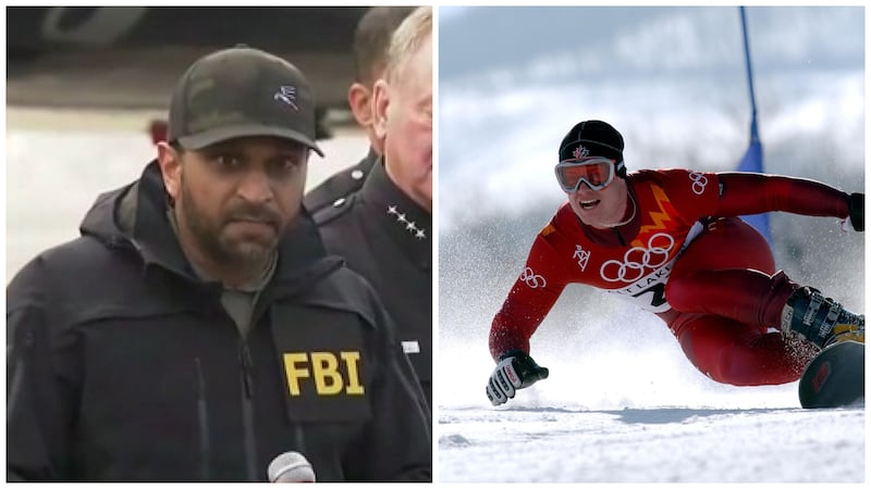 A split image of Kash Patel, left, and Ryan Wedding in the Olympics in 2002, right.