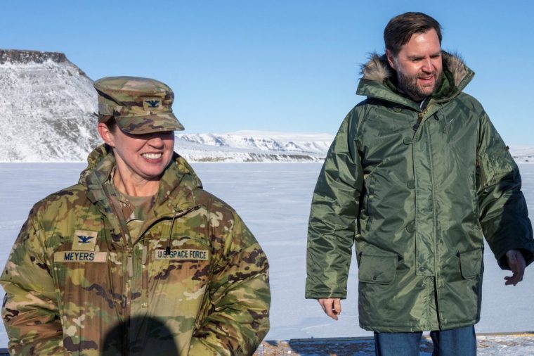 U.S. Vice President JD Vance walks with Col. Susannah Meyers, commander of the U.S. military's Pituffik Space Base, as they tour the base in Greenland on March 28, 2025. Col. Susannah Meyers, commander of the US military's Pituffik Space Base, was removed from command on April 10, 2025, according to a statement released by the Space Operations Command. JIM WATSON/Pool via REUTERS