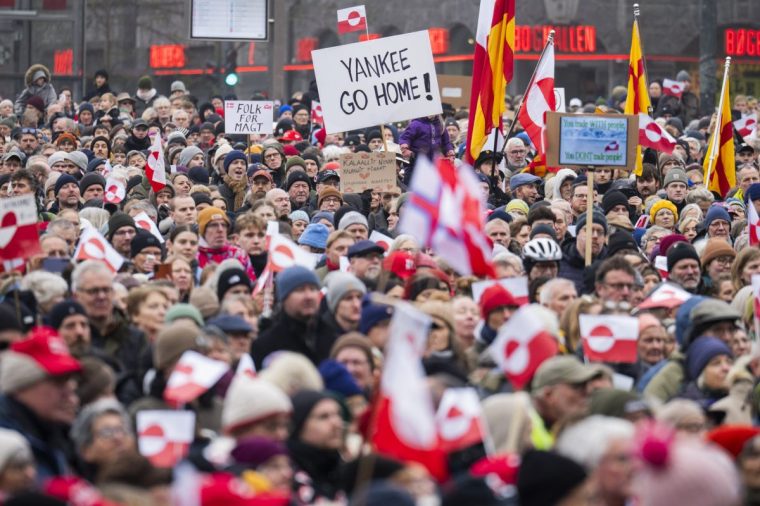 COPENHAGEN, DENMARK - JANUARY 17: Protesters on City Square during a protest in support of Greenland on January 17, 2026 in Copenhagen, Denmark. The United States president continues to insist the U.S. must have Greenland, even by military means if necessary. Greenland is a semi-autonomous territory of Denmark, which has forcefully pushed back on the U.S. threats, saying they jeopardize the future of NATO. (Photo by Martin Sylvest Andersen/Getty Images)