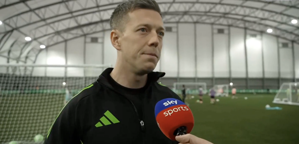 Celtic captain Callum McGregor speaking to Sky Sports at Barrowfield in October 2025