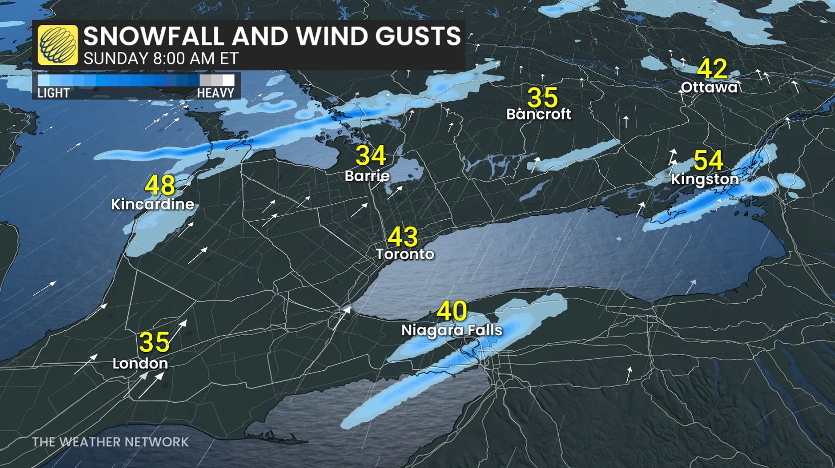 Southern Ontario snowfall wind gusts Sunday morning