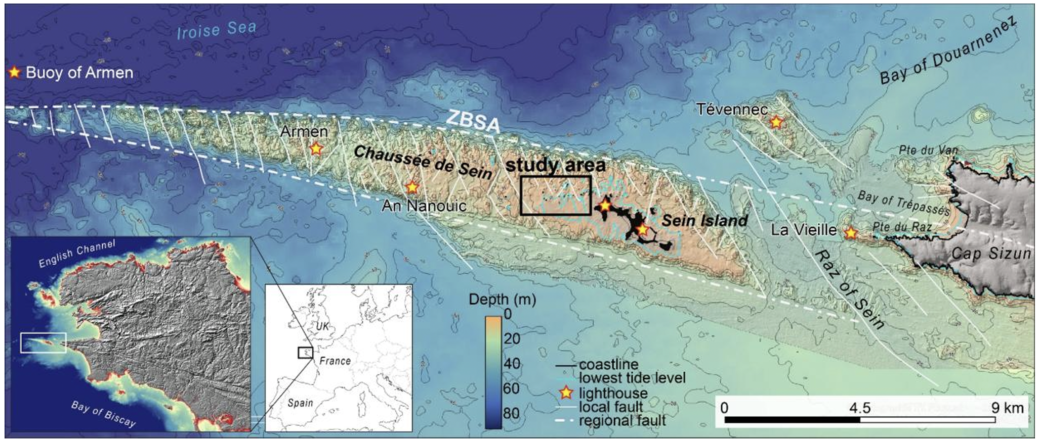 Map showing the Chaussée de Sein region off the coast of France, highlighting study area, depth, lighthouses, local faults, and notable geographic features. Inset shows regional location.