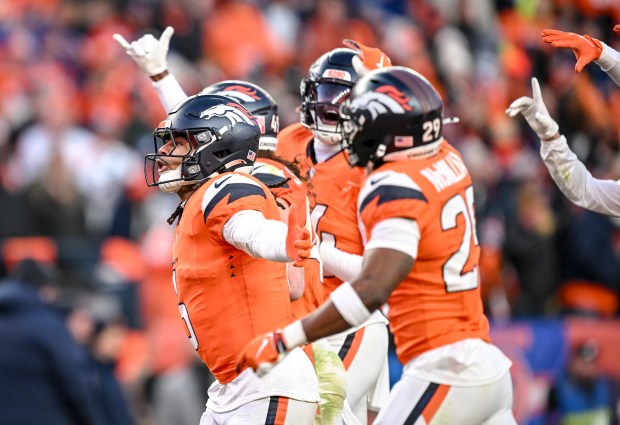 P.J. Locke (6) of the Denver Broncos celebrates after intercepting Josh Allen (17) of the Buffalo Bills during the third quarter at Empower Field at Mile High in Denver, Colorado on Saturday. (Photo by AAron Ontiveroz/The Denver Post)