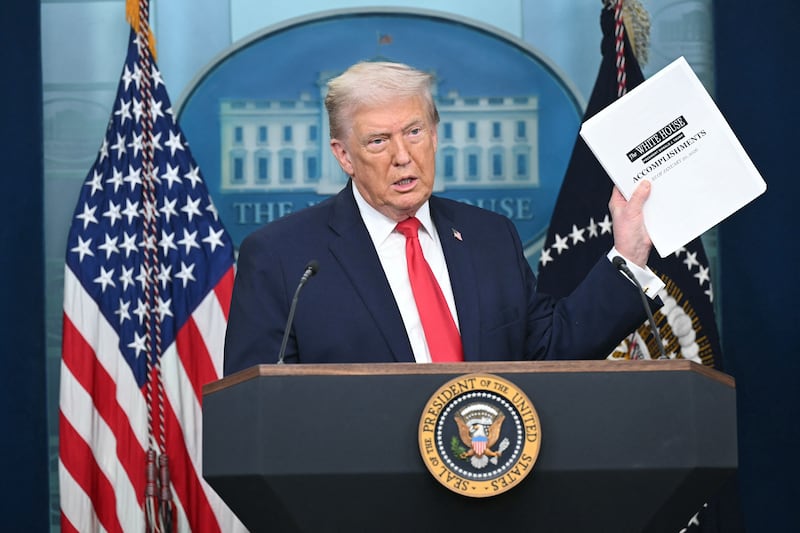 US President Donald Trump speaks during a briefing in the Brady Briefing Room of the White House in Washington, DC, on January 20, 2026. Trump on Tuesday expressed frustration that his message on the economy was "not getting across," blaming his spokespeople for the issue. (Photo by SAUL LOEB / AFP via Getty Images)
