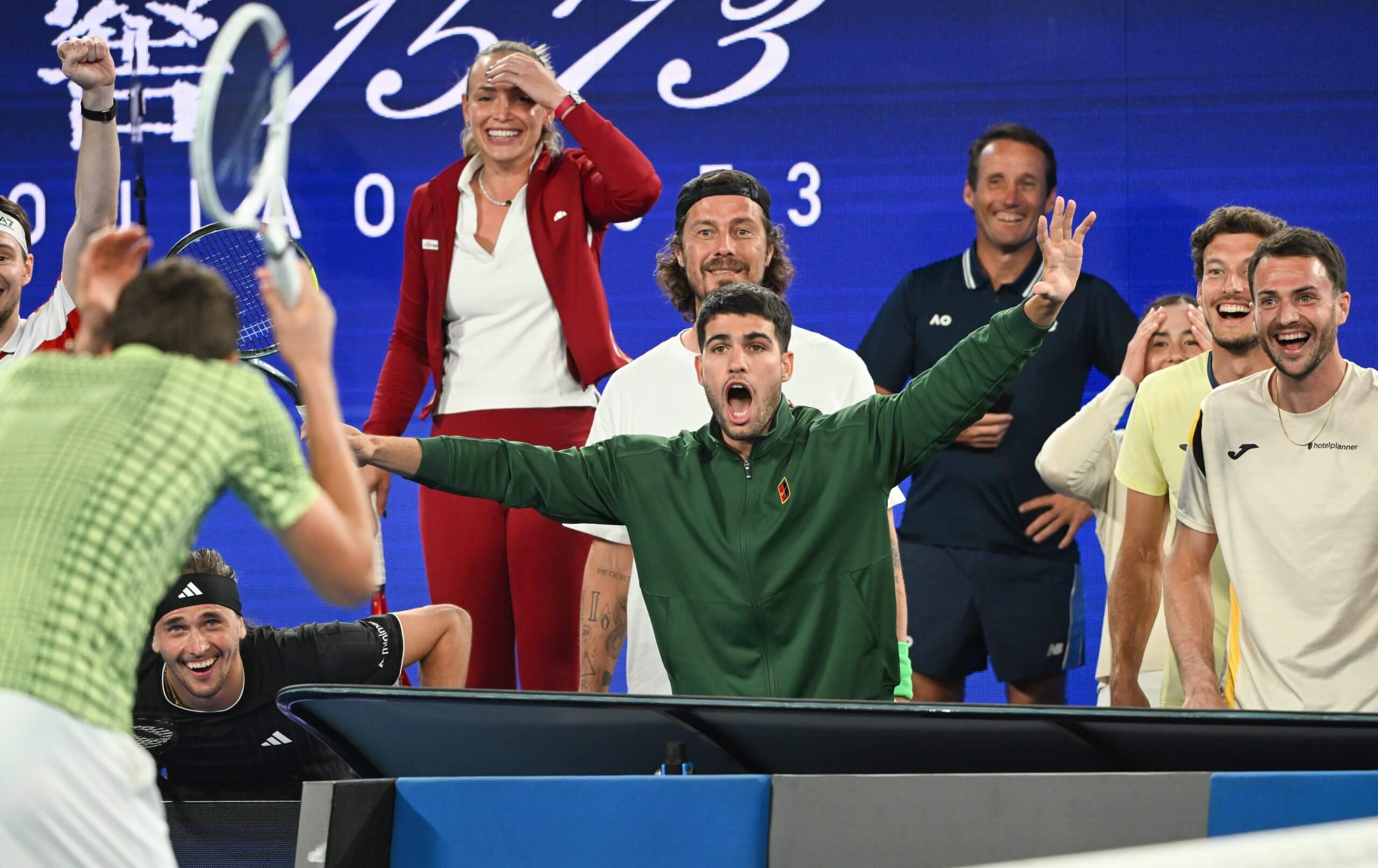 (Left-to-right) Daniil Medvedev, Donna Vekić, Marat Safin, and Carlos Alcaraz react to a point in disbelief.