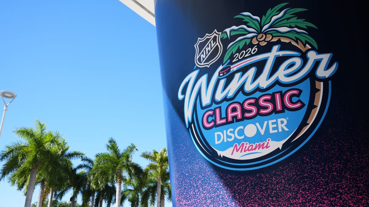 A sign for the upcoming NHL Winter Classic between the Florida Panthers and New York Rangers is posted at loanDepot Park in Miami. (AP Photo/Lynne Sladky)