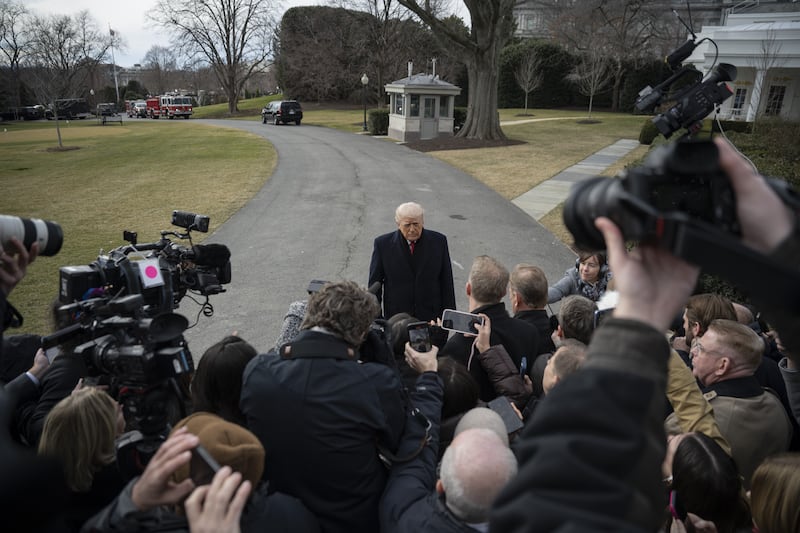 WASHINGTON DC, UNITED STATES - JANUARY 16 : United States President Donald Trump speaks to the press before his departs the White House en route Palm Beach, Florida on January 16, 2026, in Washington DC, United States. (Photo by Celal Gunes/Anadolu via Getty Images)