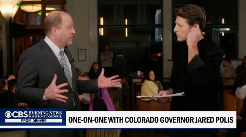 Jared Polis is interviewed by Tony Dokoupil on CBS Evening News in Denver.