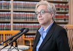 Governor Tina Kotek sits for an interview with OPB reporter Monica Samayoa in the State Library of Oregon, Salem, Ore., Jan. 29, 2025.