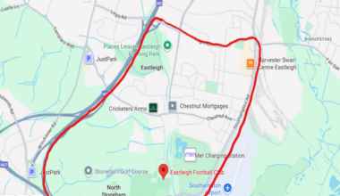 A screenshot of Google Maps with a red circle around Eastleigh football club
