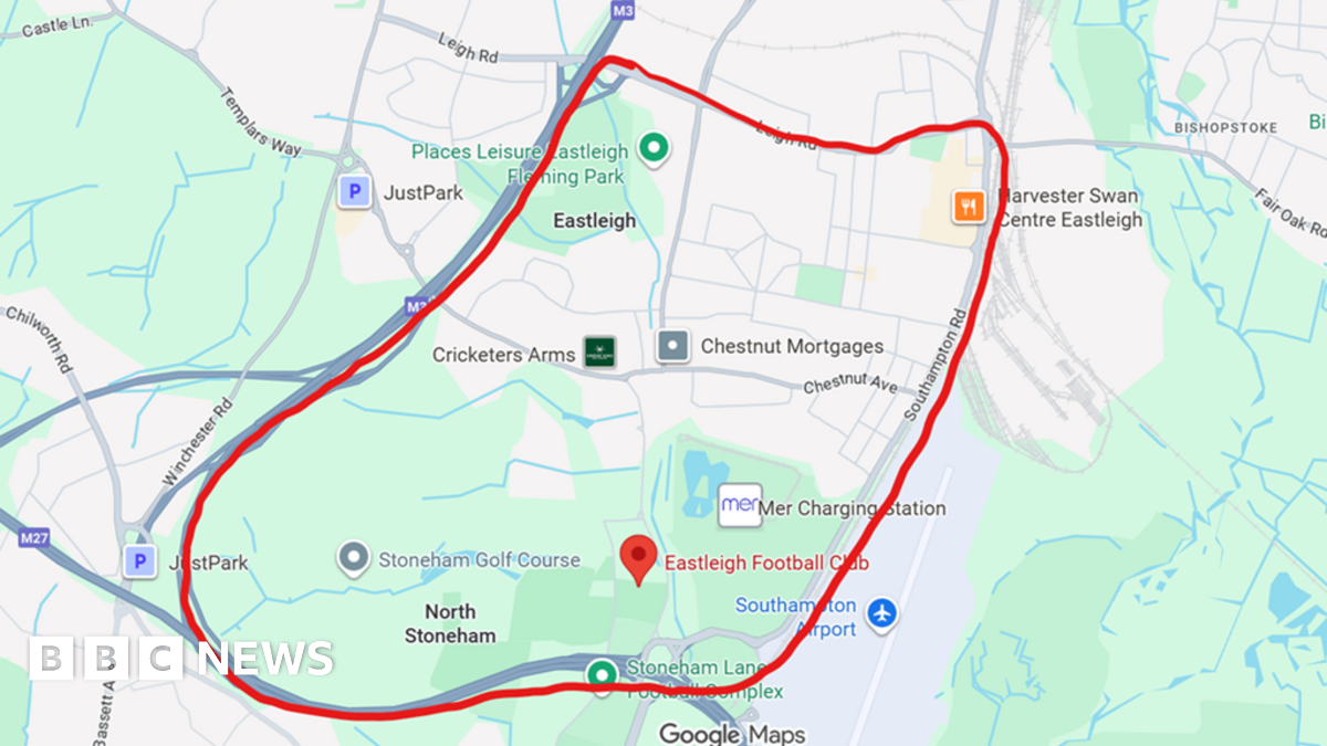 A screenshot of Google Maps with a red circle around Eastleigh football club