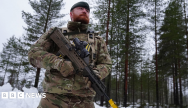 Corporal Chris Rowland, 35, from Seaham County Durham from 3 Rifles in Finland as British soldiers train during a major exercise on NATO's border with Russia.