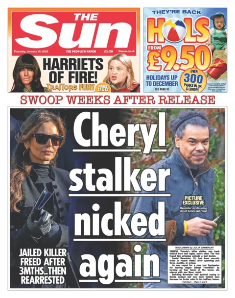 The headline on the front page of the Sun reads: "Cheryl stalker nicked again."