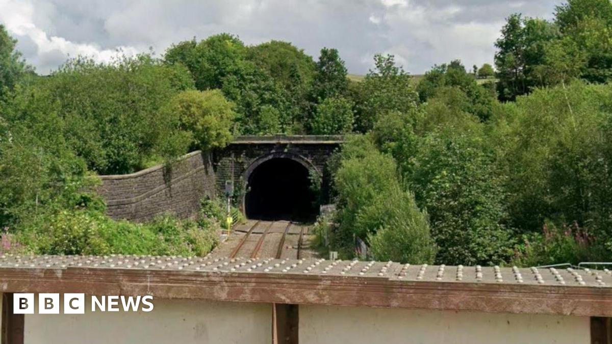 Entrance to Standedge Tunnel, with trees surrounding the rail lines.