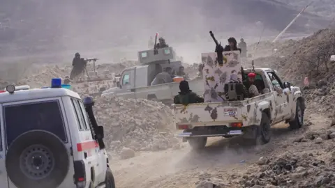 Reuters Forces of Yemen's separatist Southern Transitional Council arrive in a mountainous area at the start of an offensive in the southern province of Abyan, Yemen (15 December 2025)