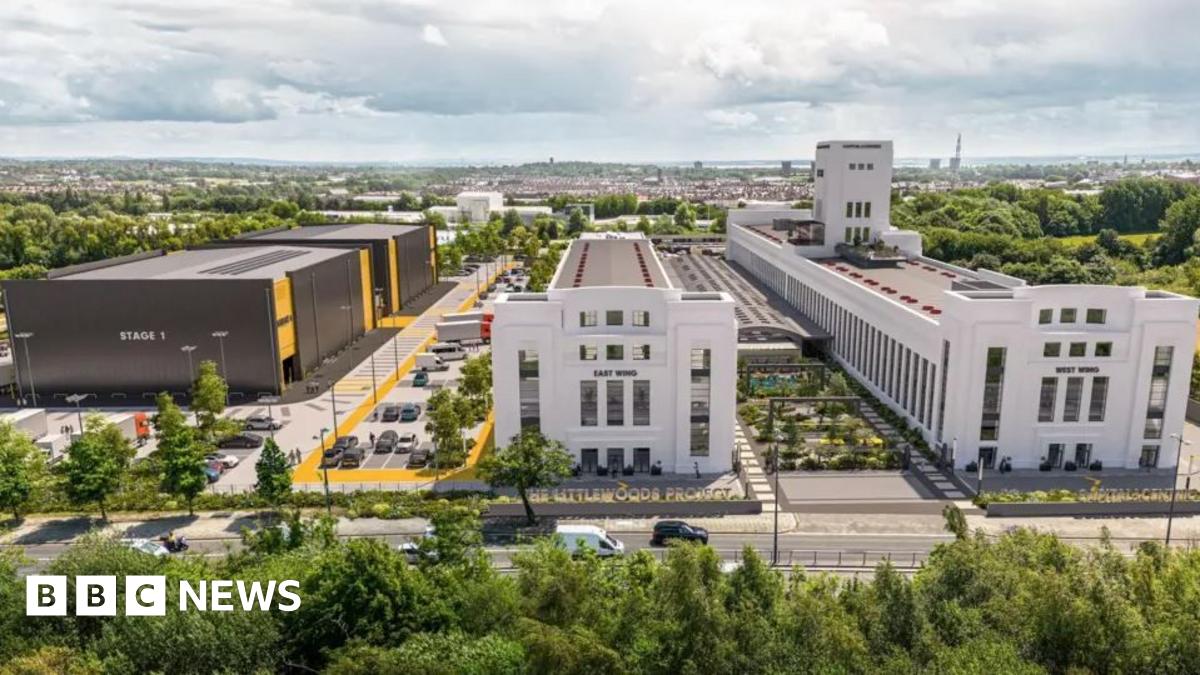 CGI image of how the development could look, showing two large white buildings and two large studio grey and yellow studio blocks.