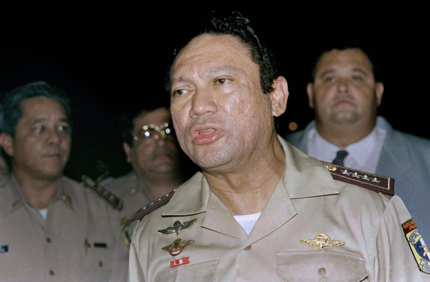 General Manuel Antonio Noriega speaking to the press in Panama. A Paris court has convicted former Panamanian dictator Manuel Noriega for laundering drug money in France in the 1980s and ordered him to spend seven years in prison, Wednesday July 7, 2010.