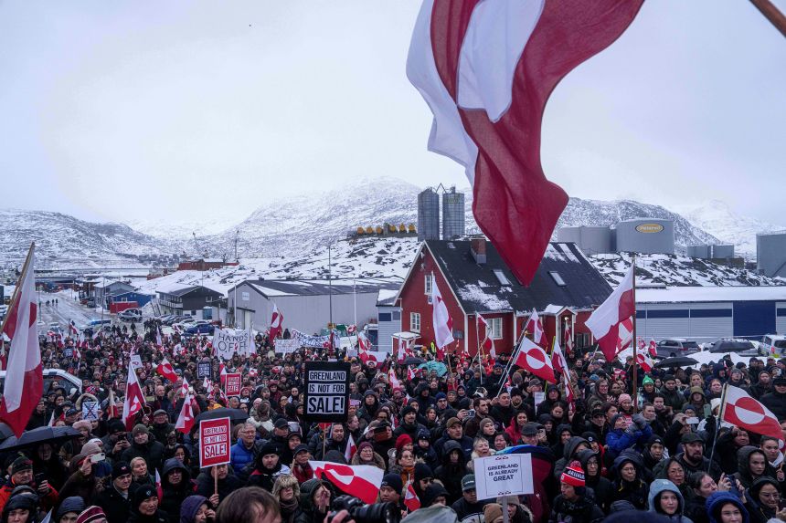 People protest Trump's Greenland policy in front of the US Consulate in Nuuk on January 17, 2026.