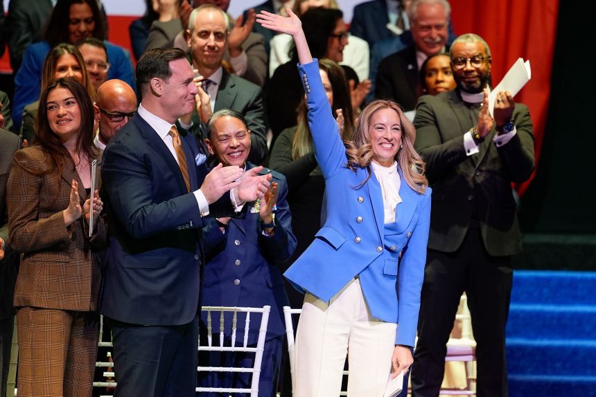 Mikie Sherrill waves as she arrives for her inauguration in Newark, New Jersey, on Tuesday, January 20, 2026.