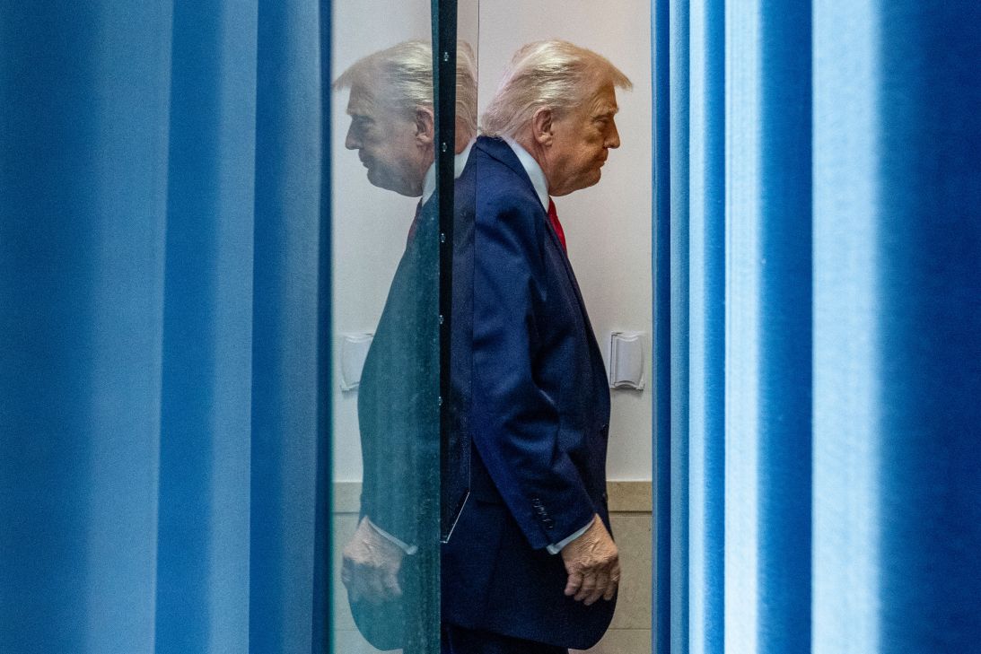 President Donald Trump departs the James Brady Press Briefing Room after a press breifing on Tuesday.
