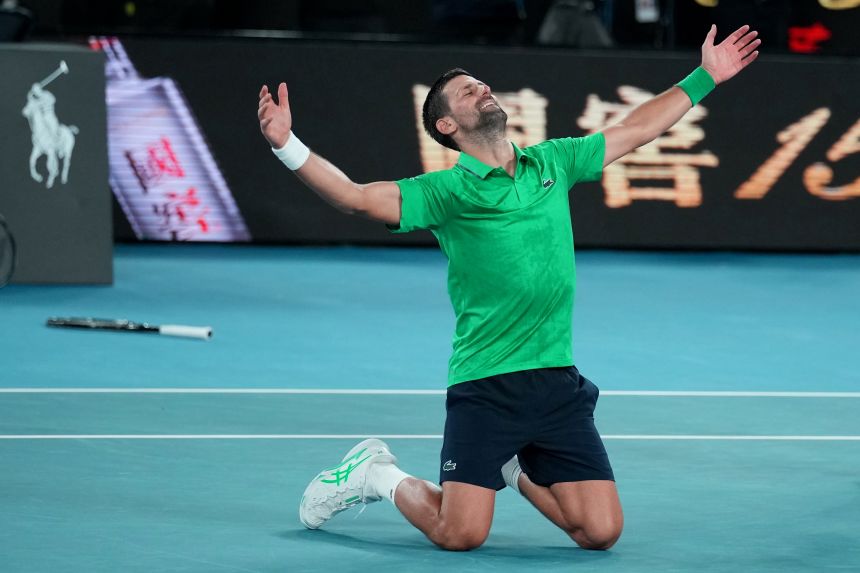 Djokovic celebrates after his semifinal win over Jannik Sinner.