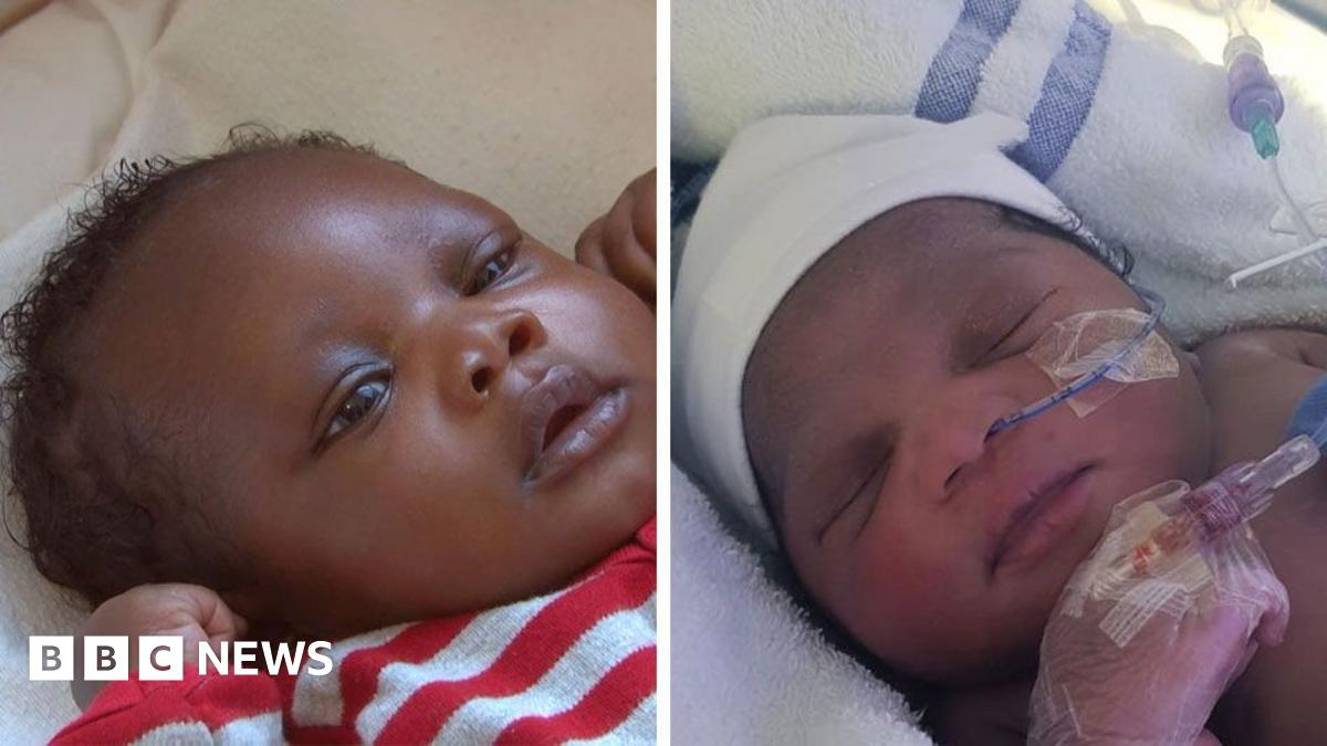 A composite image of photos provided by the Metropolitan Police. On the left is baby Harry who has wavy dark hair and is wearing a red and white striped outfit. To the right is his sister Roman. She is wearing a white hat and has a tube in her nose and a hospital drip in her hand.