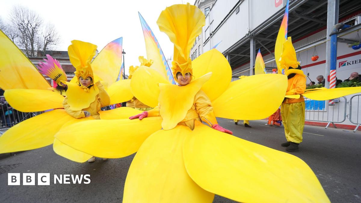 Performers in bright yellow floral costumes pose on the parade route.