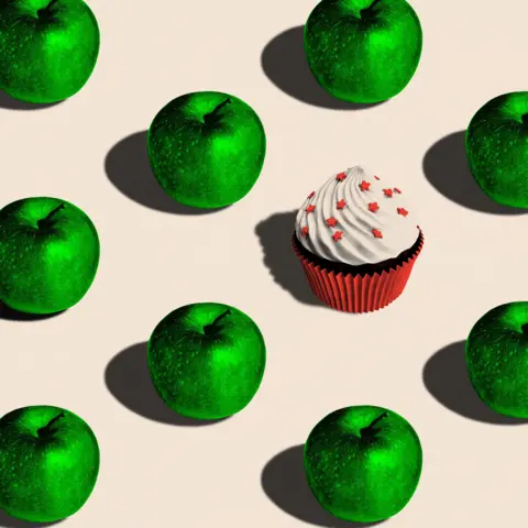 BBC A treated image showing a cupcake and some green apples