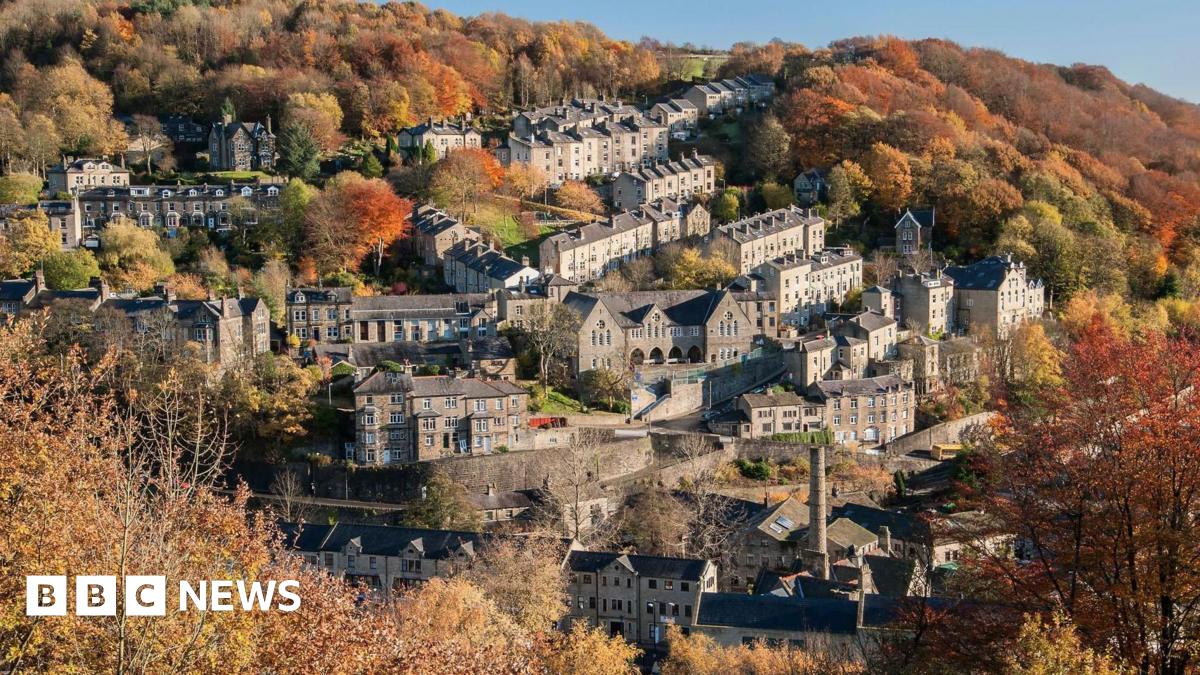 A picture of houses built in a valley surrounded by trees