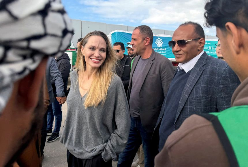 Actor Angelina Jolie visits near the Rafah border crossing between Egypt and the Gaza Strip, in Rafah, Egypt, on January 2.