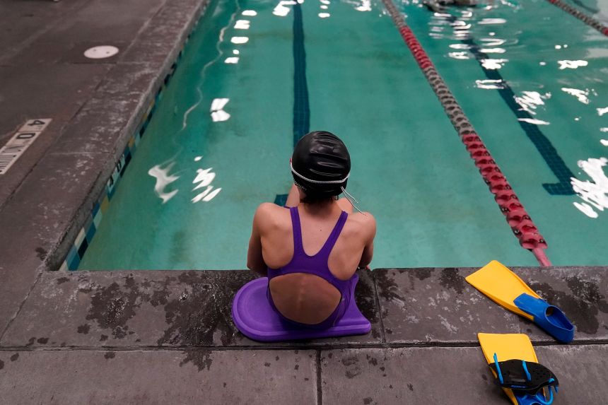 This transgender 12-year-old swimmer is seen at a pool in Utah in February 2021.