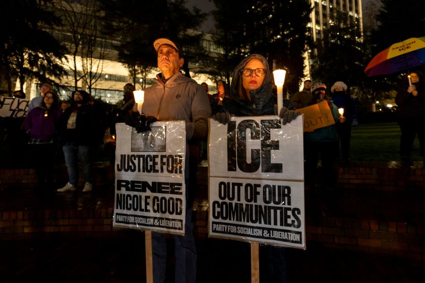 People gather for a vigil for Renee Good, who was killed by an ICE agent in Minneapolis, on January 7 in Portland.