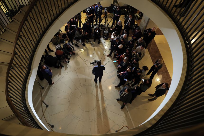 House Speaker Mike Johnson speaks to the media as he leaves a bicameral congressional leadership briefing with administration officials at the US Capitol on January 5 in Washington, DC.
