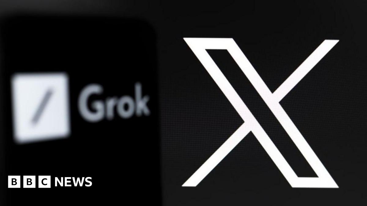 The white logo for social media platform X against a black background and in front of the Grok logo.