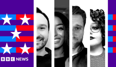 A graphic featuring partial profiles of four American voters who participated in the story. The images are set against a purple background with white stars and blue and red stripes.