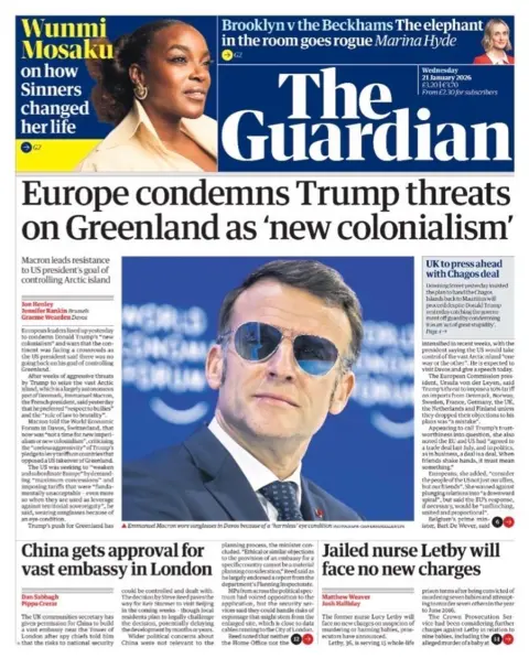 The headline on the front page of the Guardian reads: "Europe condemns Trump threats on Greenland as 'new colonialism'."