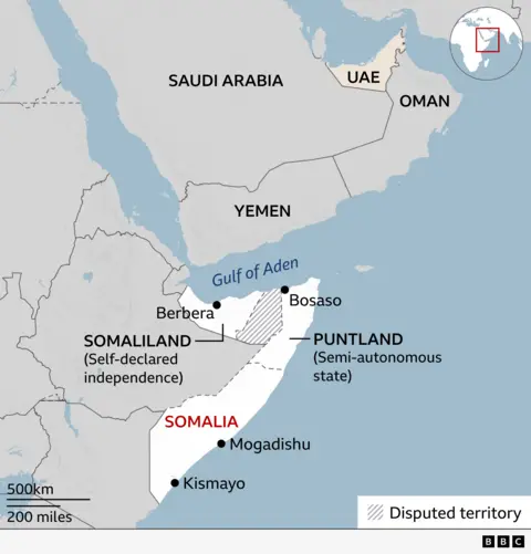 Map showing the location of Somalia relative to the United Arab Emirates. In Somalia, the map shows the location of Mogadishu, Kismayo, Berbera (in the self-declared independent Somaliland) and Bosaso (in the semi-autonomous state of Puntland), as well as the disputed territory between Somaliland and Puntland.