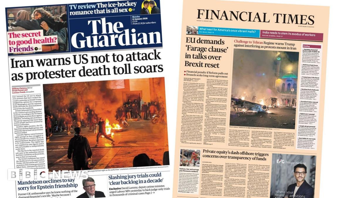 The headline on the front page of the Guardian reads: "Iran warns US not to attack as protester death toll soars."