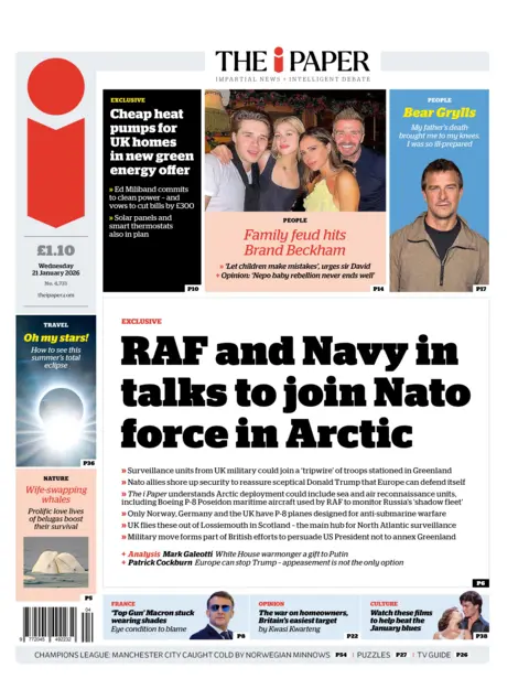 The headline on the front page of the i Paper reads: "RAF and Navy in talks to join Nato force in Arctic."