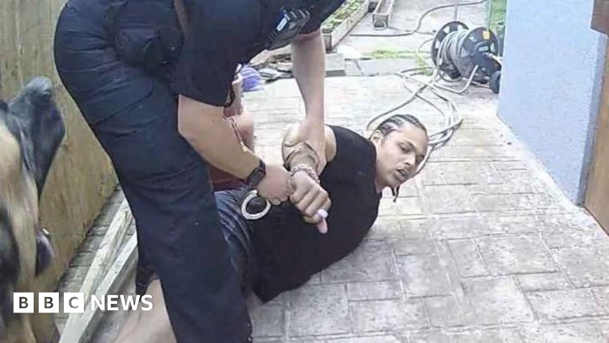 Bodycam still of an arrest being made on a patio, with a police dog barking
