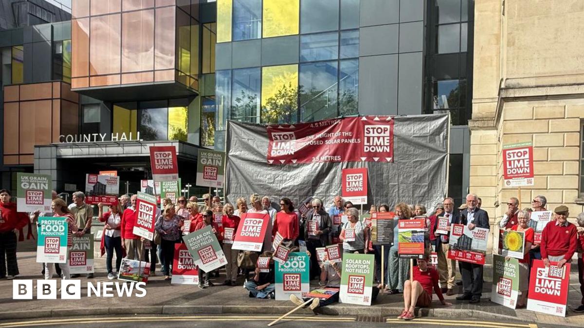 A crowd of people in red T-shirts hold red signs reading "Stop Lime Down" and green signs reading "protect food" outside a large municipal building with the words "county hall" above the door.