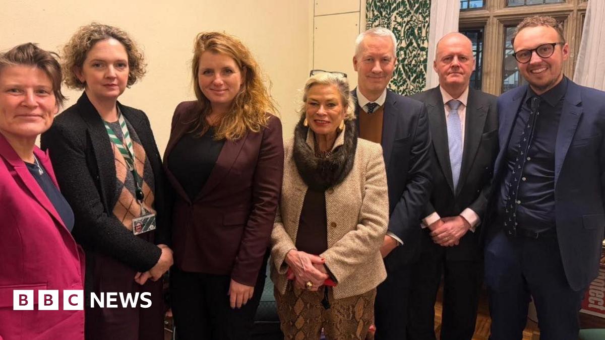 Seven people stood in a room in Westminster. Four women are on the left and there's three males on the right. They are dressed smartly