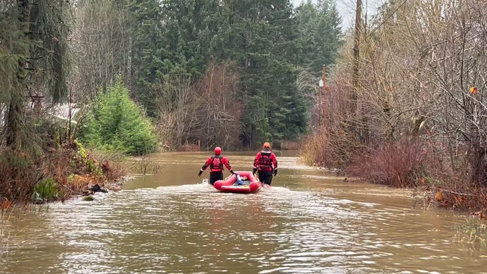 Boats, Sea-doos launched to rescue people and animals trapped by flooding near Courtenay