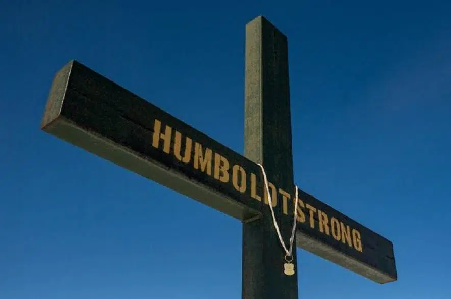 A roadside memorial at the site of the Humboldt Broncos bus crash.
