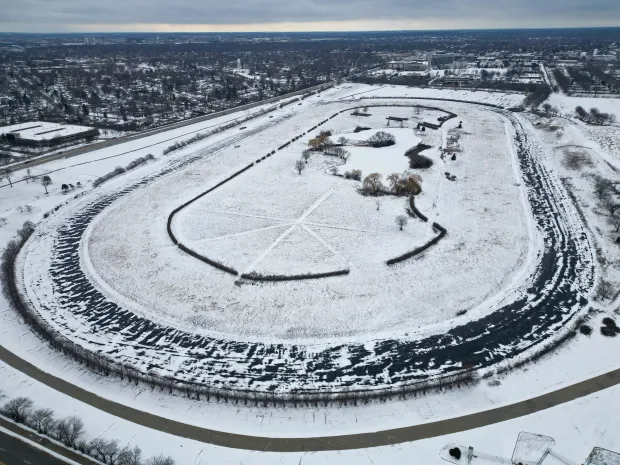 The former Arlington International Racecourse is covered in snow on Jan. 16, 2026, in Arlington Heights. The entire 326-acres site is owned by the Chicago Bears and is being considered as a location for the team's new domed stadium and entertainment district. (Stacey Wescott/Chicago Tribune)