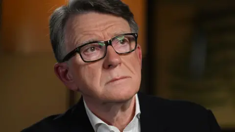 Jeff Overs/BBC Mandelson looks off to the left during a pre-recorded interview with the BBC's Laura Kuenssberg. 