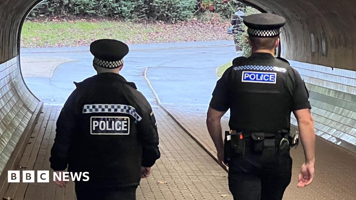 Two police officers walking through an underpass and away from the camera; they have their backs to us. Both of them are in uniform. The officer on the left is slightly shorter and is wearing a dark police officer's uniform, with a long-sleeved jacket and a peaked cap. The officer on the right is taller, is also wearing a uniform, though he is wearing a t-shirt and his bare lower arms can be seen. The pair are walking on paving stones towards the bright tunnel exit. The walls are curved, with the lower section covered with shiny tiles.