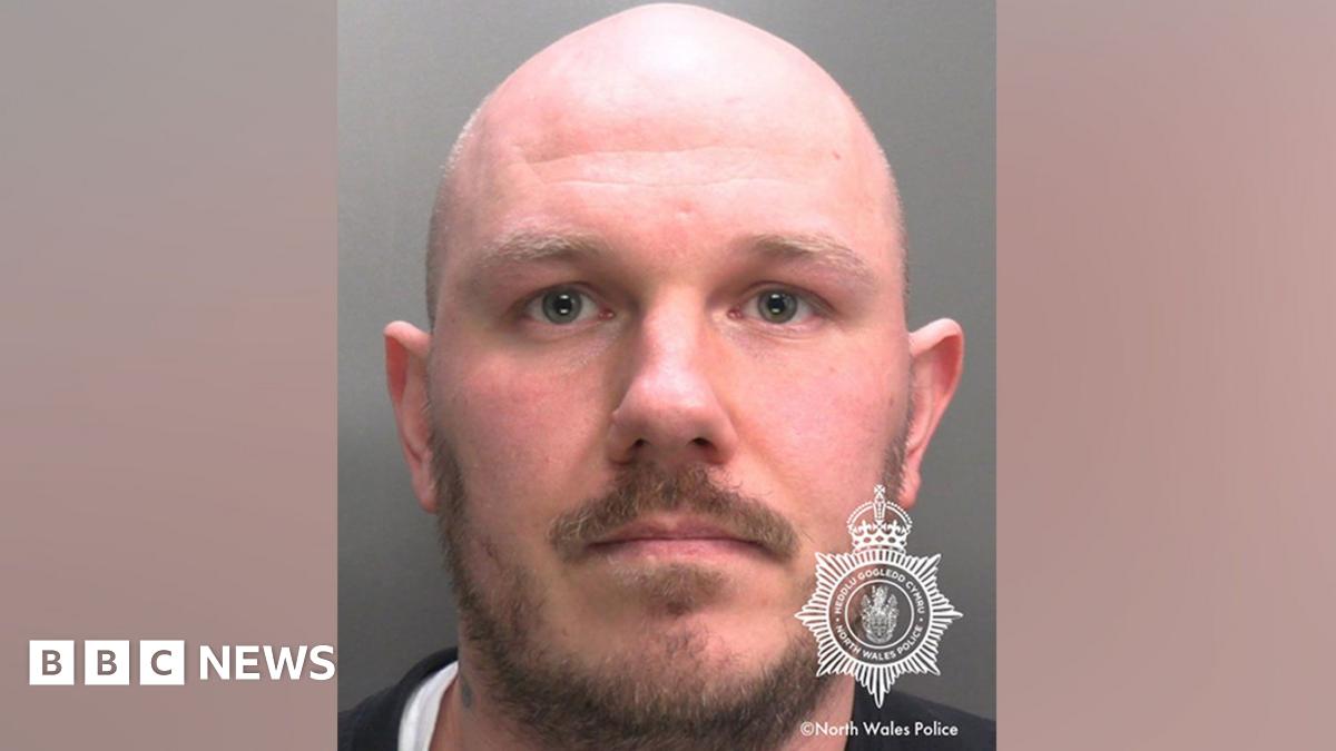 A police mugshot of Miles Cross, a bald man with a beard and moustache. In the bottom right of the image there is the North Wales Police logo.