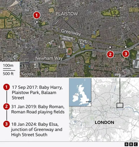 Map showing the three separate locations where the babies were found near the Greenway in east London